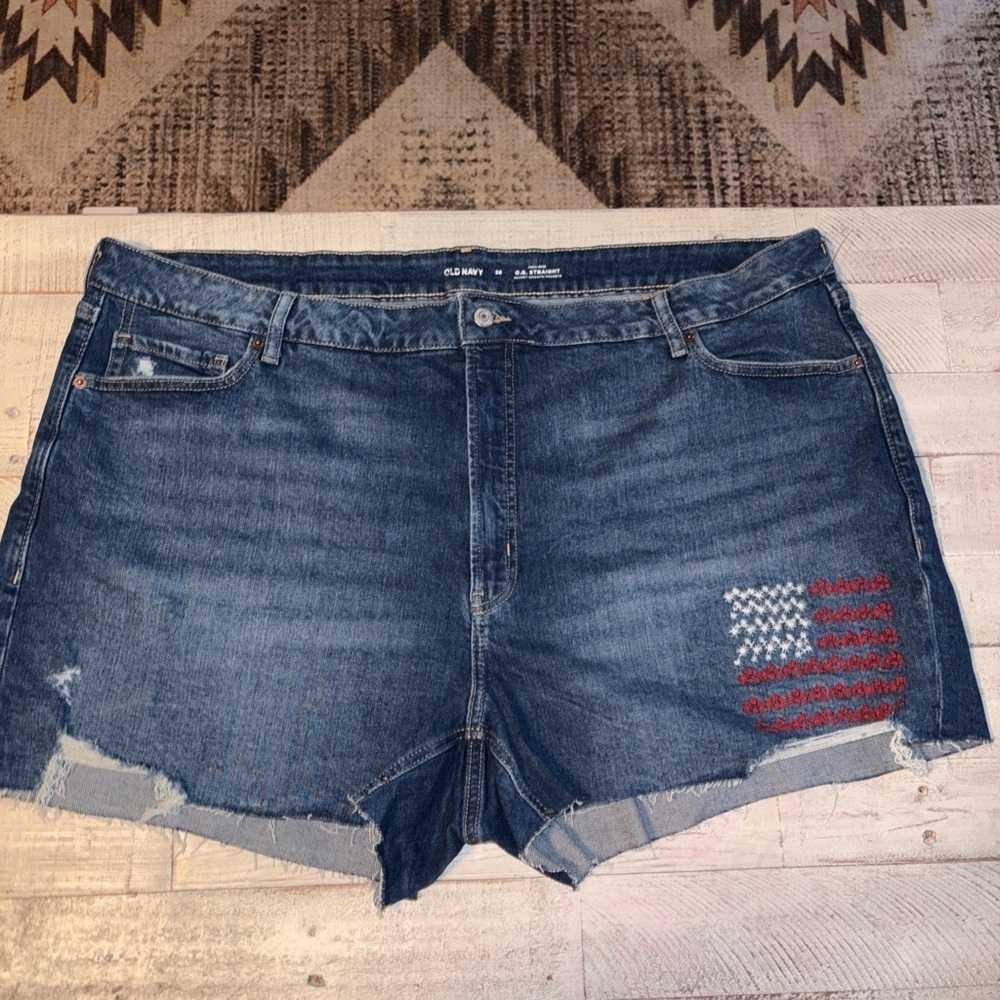 Old Navy high rise Og straight pockets Plus size 28 Denim Shorts American Flag - Picture 2 of 13